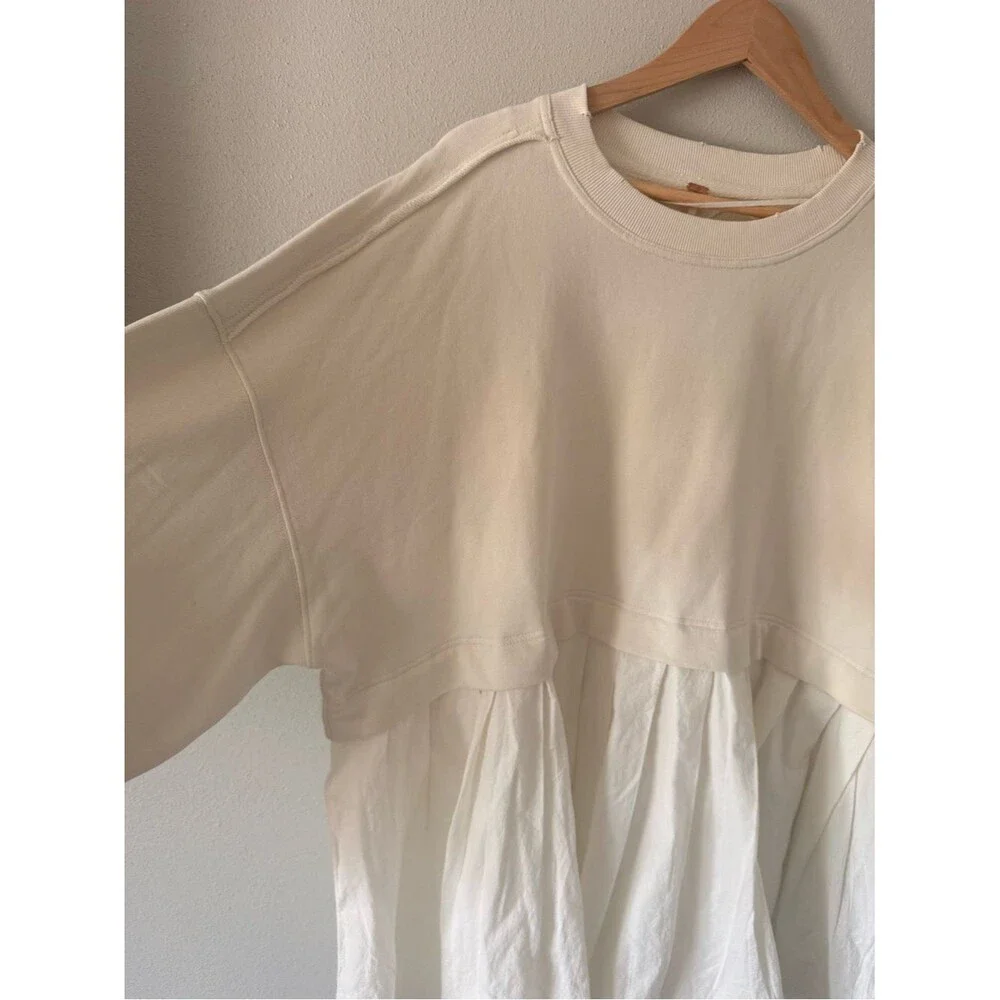 Free People Eleanor Sweatshirt dress Cream pleated skirt heart embroidery NWOT